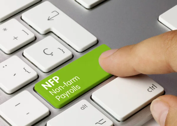 Nfp Non Farm Payrolls Escrito Chave Verde Teclado Metálico Tecla — Fotografia de Stock