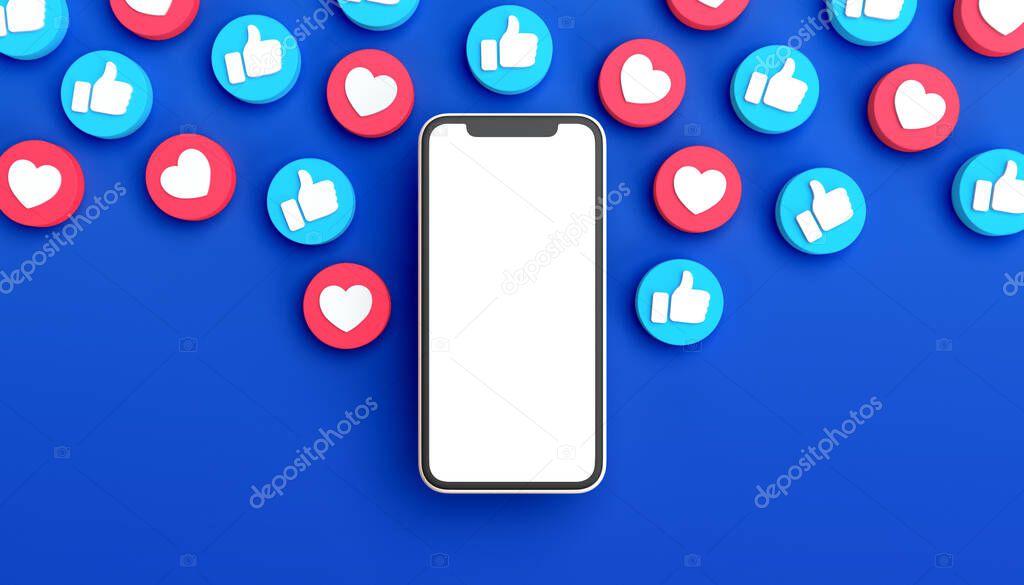 Social network post mockup with phone on a blue background surrounded by like notifications. 3D rendering. White screen