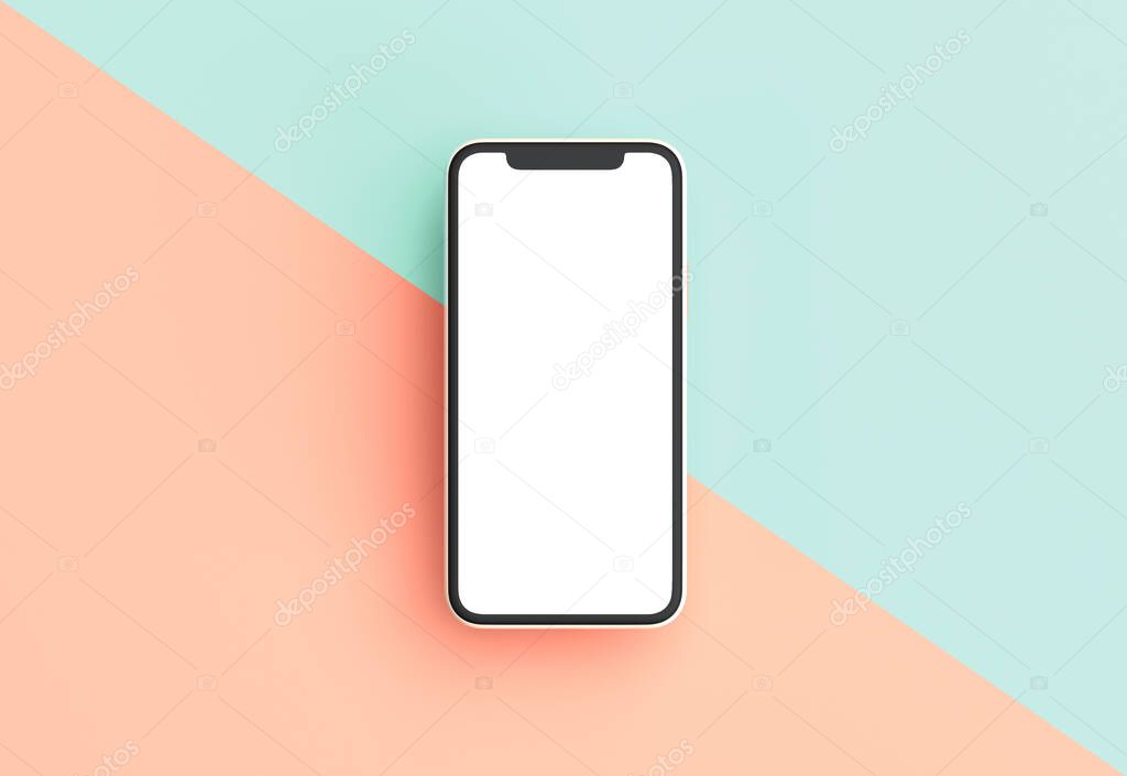 Minimalist iPhone mockup on a bicolor background. 3D rendering. White screen