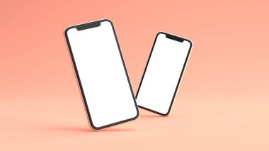 Pembe arka planda iki telefon modeli. 3 boyutlu görüntüleme. Tasarım eklemek için boş ekran