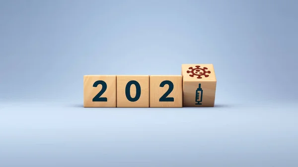 Απόδοση Του Νέου Έτους 2021 Και Covid Εμβόλιο Έννοια Ξύλινους — Φωτογραφία Αρχείου