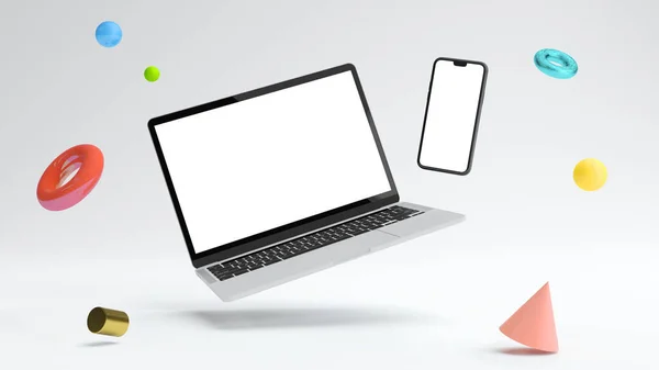Geometrik nesnelerle çevrili defter ve telefon modeli. Tasarımınızı eklemek için boş ekran şablonu
