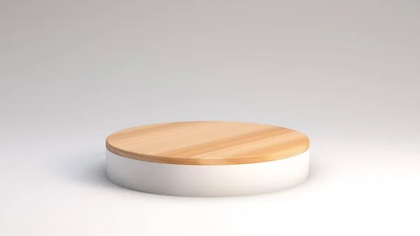 Ürün sunumu sahnesi için arka planda minimalist ahşap bir podyumun 3 boyutlu canlandırması. Platformu göster