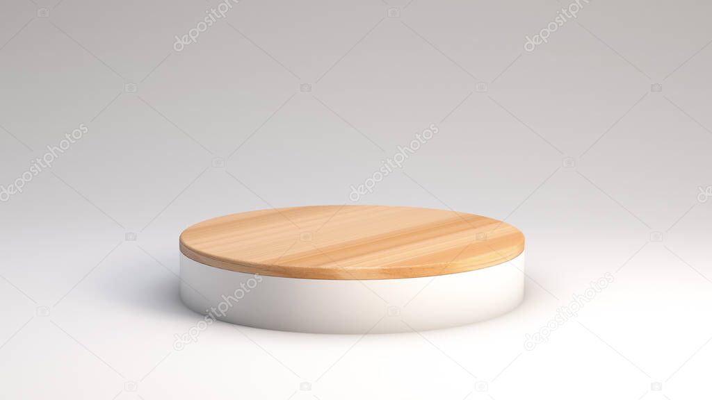 3D rendering of a minimalist wooden podium on a neutral background for product presentation scene. Display platform