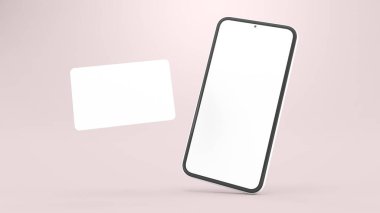 Cep telefonu ve kredi kartı modelinin gerçekçi 3 boyutlu hali. Boş ekran ve tasarım şablonu. Çevrimiçi alışveriş kavramı