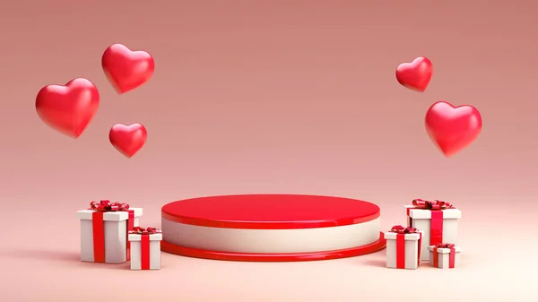 Dia Dos Namorados Pódio Vermelho Branco Com Corações Presentes Renderização — Fotografia de Stock