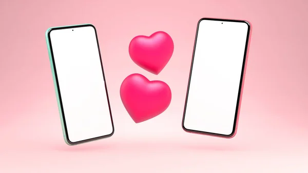 3D rendering two mobile phones mockup with red hearts for dating app design or Valentines day. 3D illustration template. Empty generic smartphones blank screen on a pink background