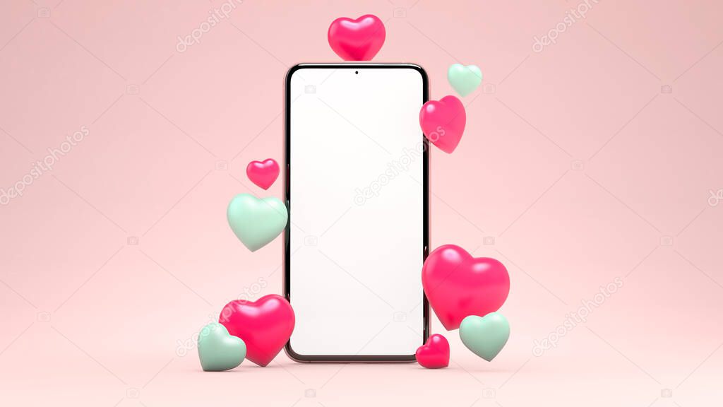 3D rendering mobile phone mockup with hearts for Valentines day background design. Empty isolated generic smartphone blank screen template. 3D illustration
