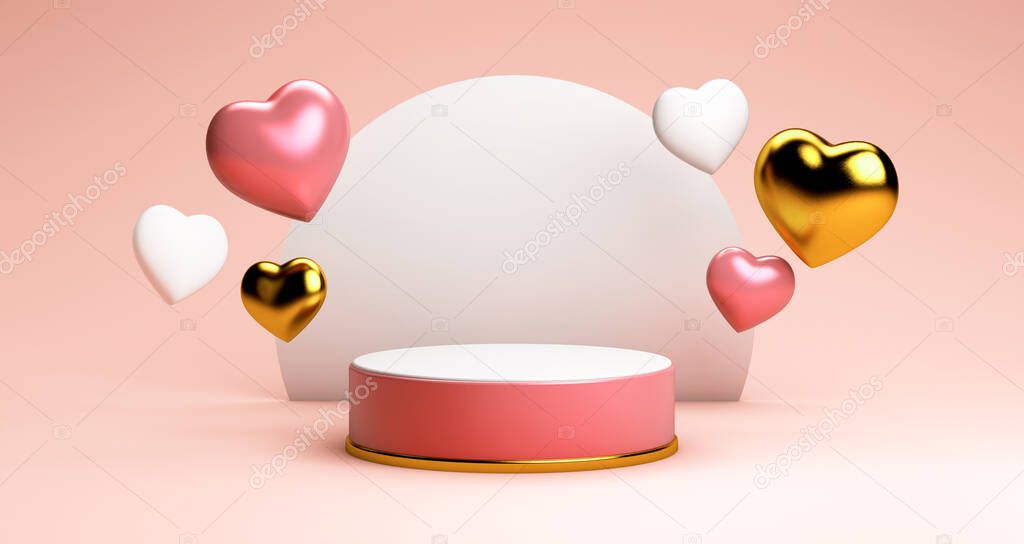 Valentines day podium surrounded by floating hearts in 3D rendering. Cylinder shape, pink and gold hearts for product display with valentines day concept. Pink, white and gold colors, Pedestal, Podium, Stand, 3D illustration