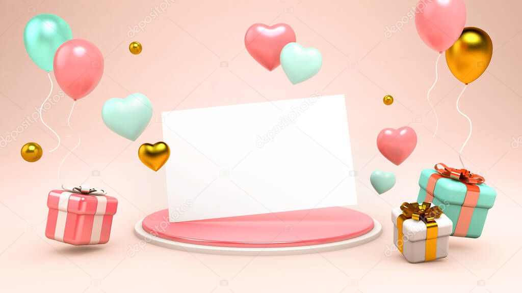 Valentines day love greeting card mockup with floating hearts, gifts and balloons in 3D rendering. Pink, green, white and gold colors anniversary, birthday invitation
