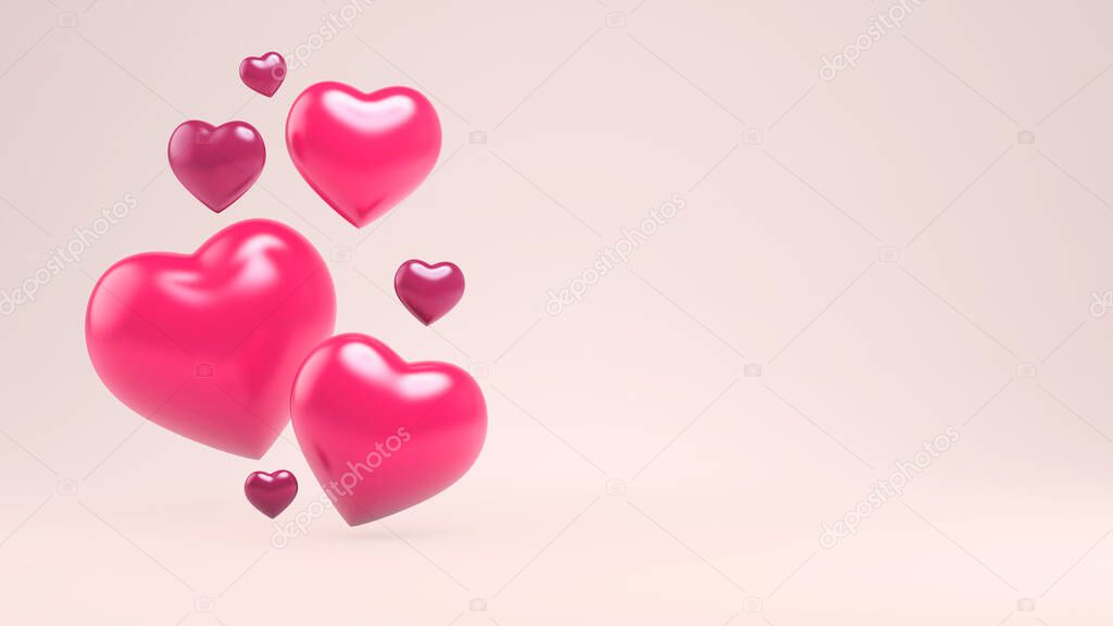 Happy Valentines day love greeting card template with hearts in 3D rendering and copyspace on the right. Minimal 3D illustration Valentine concept background
