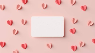 Sevgililer Günü tebrik kartı maketini sever. Etrafı kağıt kalplerle çevrilidir. Pembe, beyaz ve kırmızı renkler evlilik yıldönümü davetiyesi