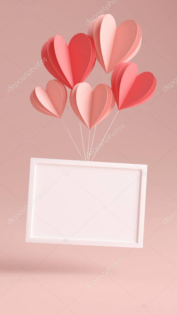 Horizontal photo frame mockup floating with paper hearts and copyspace for Valentines day in 3D rendering. Elegant illustration wedding image template