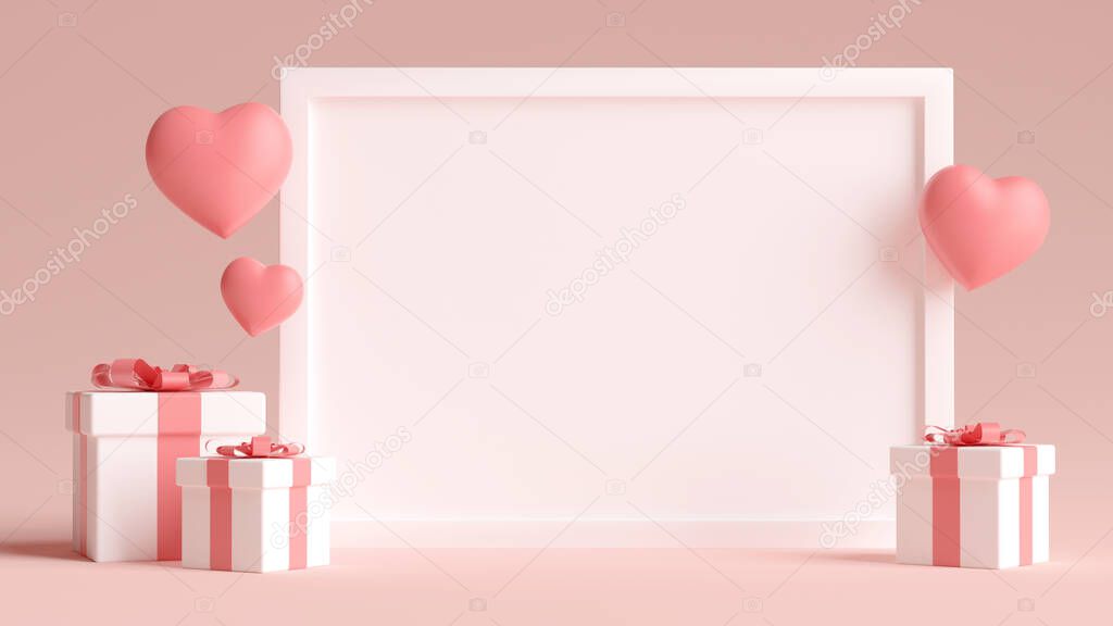 Horizontal white photo frame mockup with hearts, love and gifts for valentines day in 3D rendering. Minimal 3D illustration wedding concept background