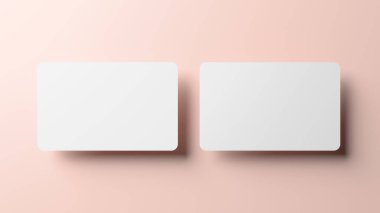 Boş kredi kartı modeli ön ve arka planda gerçekçi 3D görüntüleme. Yuvarlak köşeli kartvizit tasarım şablonu için hazırlanır