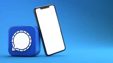 Valencia, İspanya, Ocak 2021: 3D sinyal kurye uygulama simgesi ve cep telefonunun mavi arka planda görüntülenmesi. WhatsApp 'a alternatif mesajlaşma uygulaması, güvenli mahremiyet ve şifreli iletiler