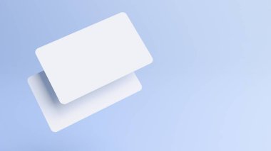 Yuvarlak köşeli kartvizitler tasarım şablonu için hazırlanıyor. Öndeki ve arkadaki boş kredi kartı modeli gerçekçi 3D görüntüleme.