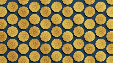 Kripto para birimleriyle Bitcoins desen arka planı. Şifreleme paralarının 3 boyutlu tasarımı, 2p2 takas, engelleme zinciri teknolojisi