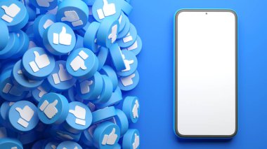 Cep telefonunun bir sürü sosyal medya başparmağı olan boş ekranı 3D görüntülemede mavi arka planda yer alıyor. Sosyal ağ pazarlama ve reklam şablonu