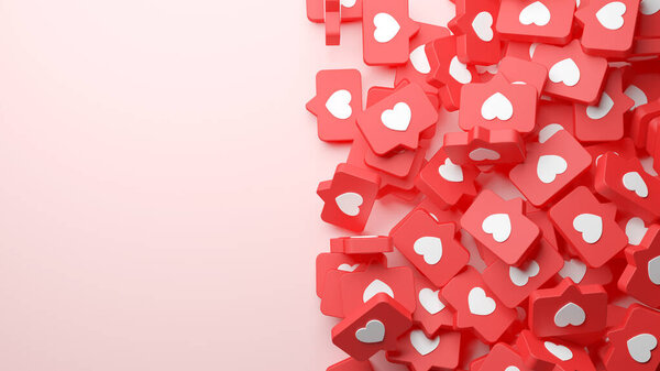 Social media marketing template with copyspace and a heap of like notifications thumb up in 3D rendering. Social network banner and advertising background