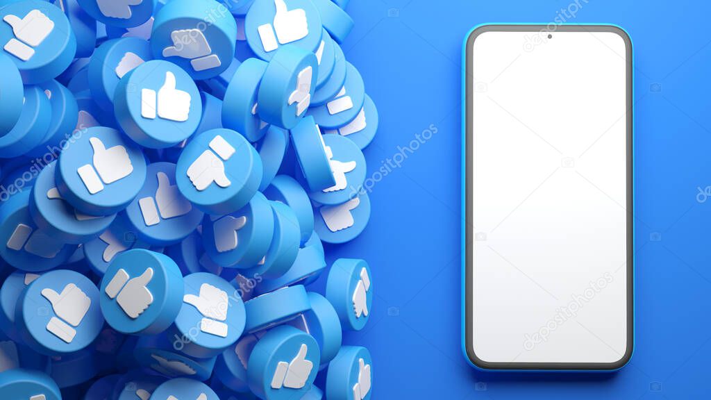 Mobile phone mockup blank screen with a heap of social media thumb up likes on a blue background in 3D rendering. Social network marketing and advertising template