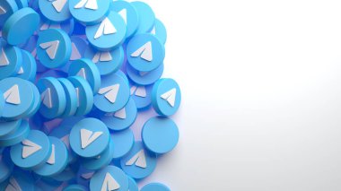 Valencia, Spain - February, 2021: A heap of Telegram app icons for a background in 3D rendering. Telegram is an online social media network. Social media messaging app clipart