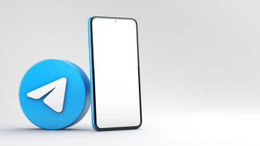 Valencia, İspanya - Şubat 2021: Cep telefonu modeliyle telgraf uygulaması simgesi 3 boyutlu olarak izole edildi. Telegram bir çevrimiçi sosyal medya ağıdır. Sosyal medya mesajlaşma uygulaması