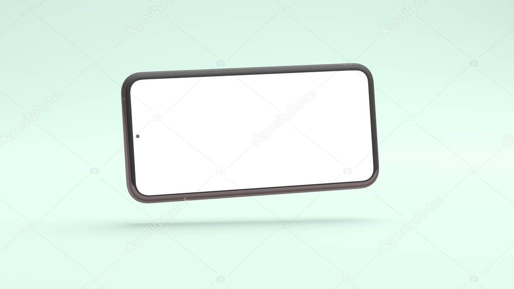 Horizontal wide screen mobile phone mockup floating on a green background in 3D rendering. Realistic template of isolated cellphone frame and blank display concept for presentations