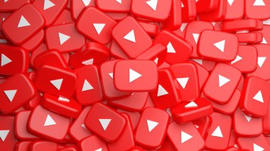 Valencia, İspanya - Mart 2021: YouTube oynatma düğmeleri 3 boyutlu görüntüleme arkaplanı. Video simgesi, logo sembolü kırmızı pankart, sosyal medya işareti, mobil uygulama, web video işareti