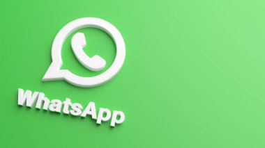 Valencia, İspanya - Mart 2021 WhatsApp simgesi 3 boyutlu olarak yeşil bir arkaplanda izole edildi. WhatsApp bir çevrimiçi sosyal medya ağıdır. Sosyal medya mesajlaşma uygulaması