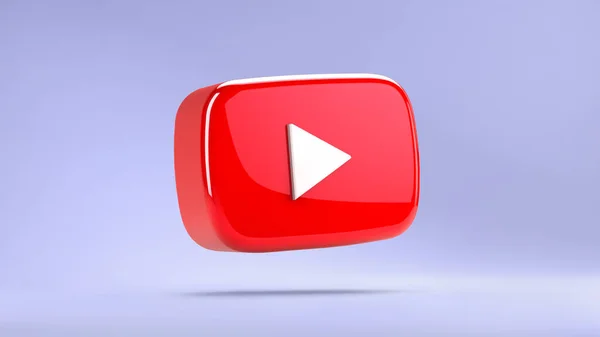 Valencia, İspanya - Mart 2021: 3 boyutlu olarak tecrit edilmiş YouTube oynatma düğmesi. Video simgesi, logo sembolü kırmızı pankart, sosyal medya işareti, mobil uygulama, web video işareti
