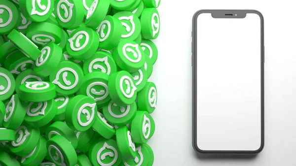 Valencia, İspanya - Mart 2021: Cep telefonu modellemeli WhatsApp simgeleri yığını 3 boyutlu görüntüleme ile izole edildi. WhatsApp bir çevrimiçi sosyal medya ağıdır. Sosyal medya mesajlaşma uygulaması