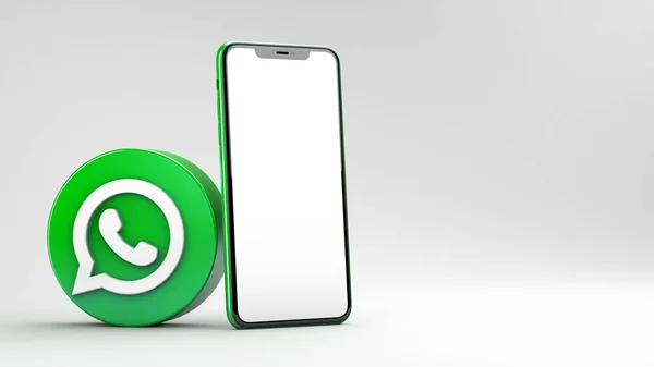 Valencia, İspanya - Mart 2021: WhatsApp simgesi cep telefonu modeliyle üç boyutlu olarak izole edildi. WhatsApp bir çevrimiçi sosyal medya ağıdır. Sosyal medya mesajlaşma uygulaması