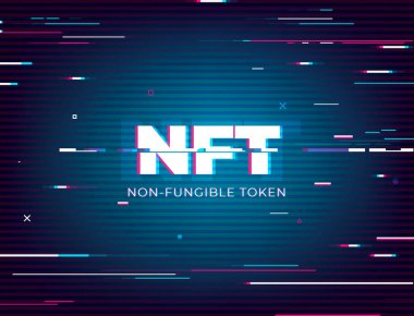 Afiş için NFT karşılanamaz jeton, kripto sanat vektör çizimi. Blockchain teknolojisi kullanılarak NFT şifreleme ve oyunlarının soyut dijital arkaplanı, eşsiz koleksiyon konsepti