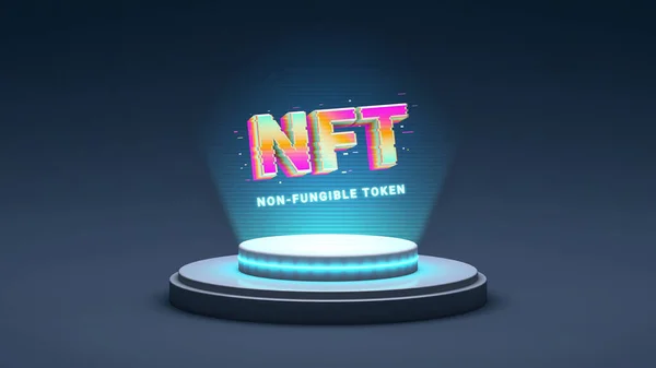NFT karşılanamaz simge, 3 boyutlu resimleme kripto sanatı. NFT kripto sanat hologramını gösteren bir platform. Sanal sanat ve galeriler engelleme teknolojisi kavramını kullanıyor