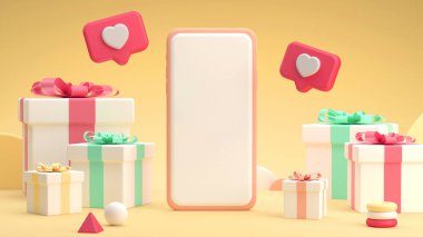 Akıllı telefon, renkli ve komik üç boyutlu karikatür tarzında hediyeleri olan boş ekran.