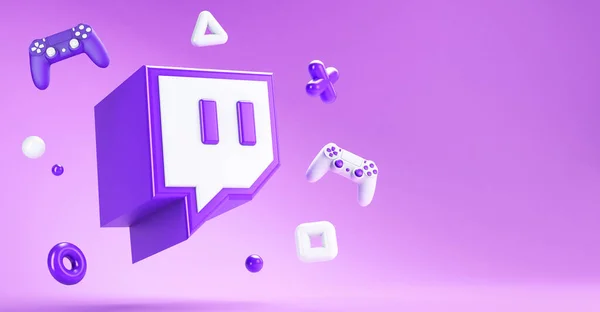 Valencia, İspanya - Nisan 2021: Gamepad ve geometrik nesneleri arka planda 3 boyutlu görüntüleme için yüzdürme uygulaması simgesi. Twitch Amazon 'a ait büyük bir canlı yayın ve video platformu.