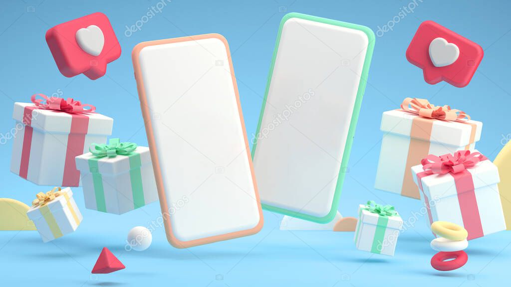 Two mobile phones mockup blank screen with gift boxes and likes in a funny and minimal 3D cartoon style
