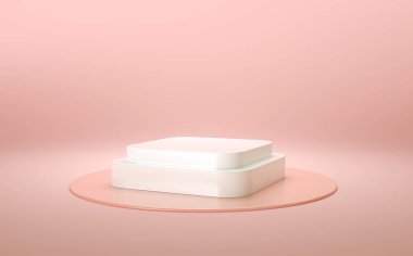 3D rendering of an elegant square podium in white and rose gold for product display. Realistic pedestal, empty platform for ads, background and presentations