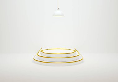 3D rendering of a luxurious white and gold podium for a product showcase. Realistic pedestal, empty platform for ads, background and presentations