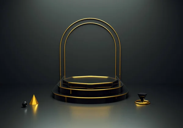 Rendering Luxurious Black Gold Podium Product Display Realistic Pedestal Empty — ストック写真