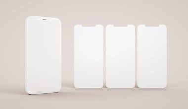 Üç boyutlu üç slaytlı telefon boş ekran modeli. Uygulama arayüzü, ux ui ve web tasarım sunum kavramı