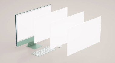 Renkli masa bilgisayarının boş ekranlı görüntüsü. Bazı yüzen ekranlar 3D görüntüler. Web ve uygulama tasarım sunumu