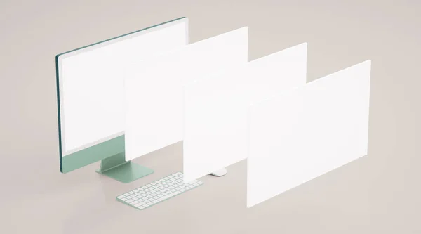 Vista Isométrica Mockup Colorido Computador Mesa Com Tela Branco Algumas — Fotografia de Stock