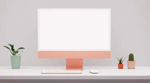 Modern pink computer blank screen mockup on a white desktop in 3D rendering. Web, app and ui ux design presentation