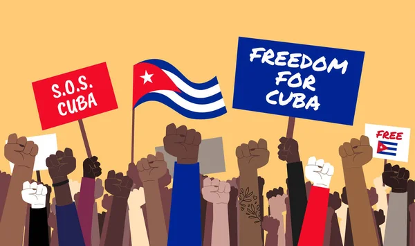 政府に抗議する蜂起した拳を持つキューバの人々の群衆のストックイラスト 自由と民主主義のために戦うキューバの抗議 — ストック写真