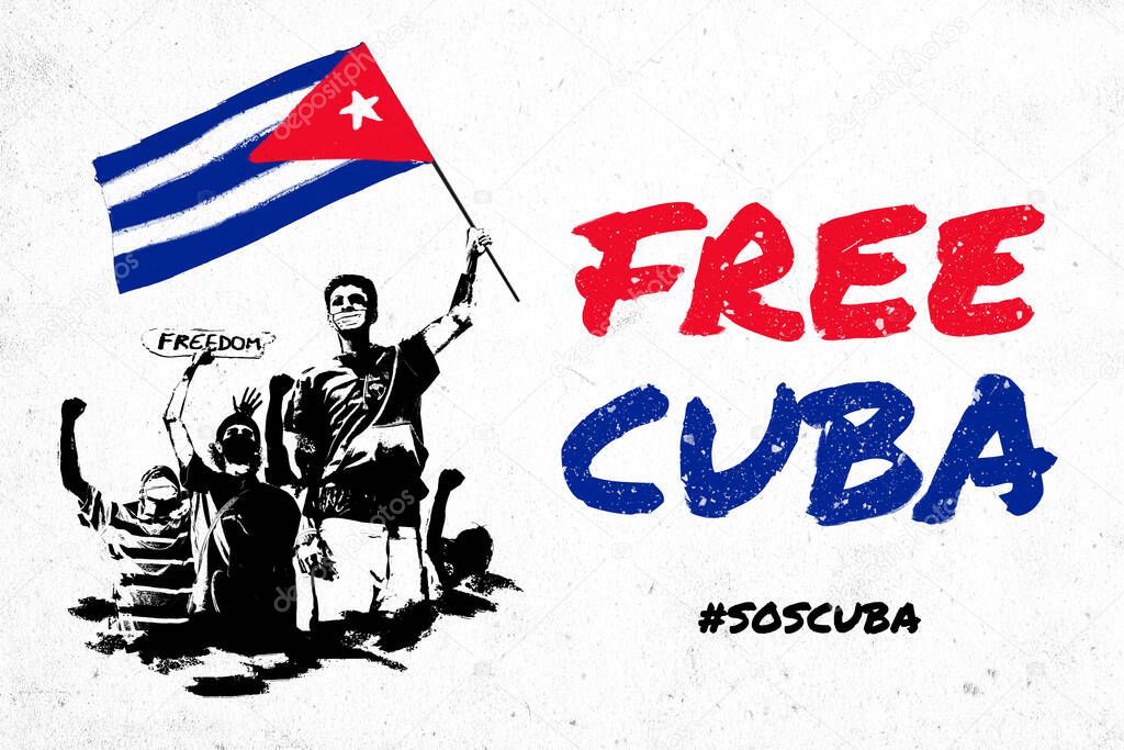 Free Cuba, SOS Cuba, stock illustration of young protesters raising the fists and the Cuban flag. Protests in Cuba against the government fighting for freedom and democracy