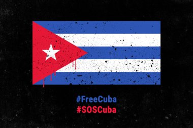 SOS Cuba, Free Cuba, drawn cuban flag and hashtags on a black textured background. Protests in Cuba against the government fighting for freedom and democracy clipart