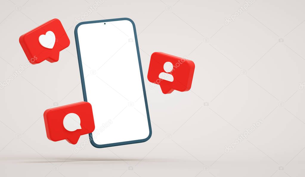 Blank screen floating phone mockup with social media notifications. Smartphone display surrounded by social network buttons, realistic presentation template in 3D rendering