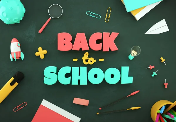 Happy Back School Achtergrond Met Belettering Verschillende Objecten Een Schoolbord — Stockfoto